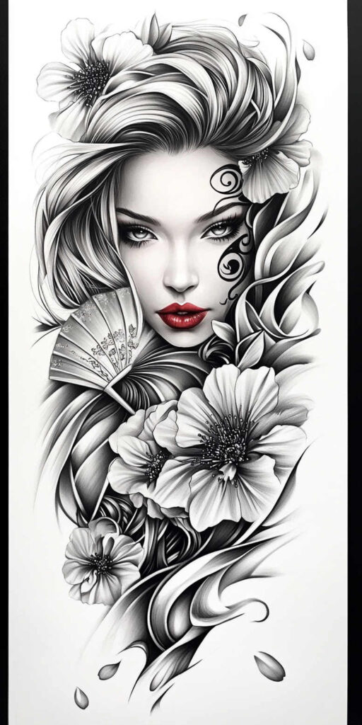 geisha-with-flowers – tattoo design ideas free ai generated – surrealism-ethereal-textures – for-ankle – Gallery: geisha-inkby-ai