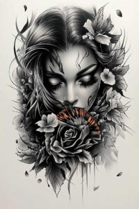geisha-with-line – tattoo design ideas free ai generated – realism-blended-gradients – for-spine – Gallery: geisha-inkby-ai
