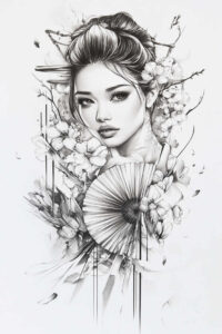 geisha-with-line – tattoo design ideas free ai generated – realism-clean-lines – for-elbow – Gallery: geisha-inkby-ai