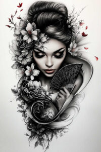geisha-with-line – tattoo design ideas free ai generated – realism-soft-contrast – for-calf – Gallery: geisha-inkby-ai