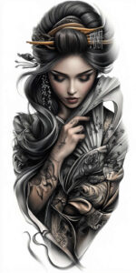 geisha-with-makeup – tattoo design ideas free ai generated – neotraditional-modern-classic – for-behind-ear – Gallery: geisha-inkby-ai