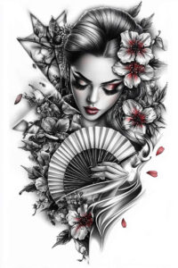 geisha-with-ornament – tattoo design ideas free ai generated – neotraditional-layered-fill – for-elbow – Gallery: geisha-inkby-ai