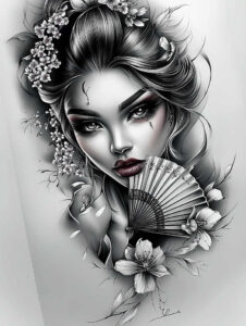 geisha-with-shadows – tattoo design ideas free ai generated – neotraditional-decorative-flourishes – for-outer-arm – Gallery: geisha-inkby-ai