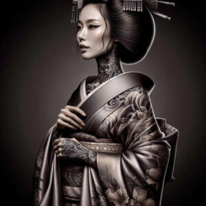 geisha-with-shadows – tattoo design ideas free ai generated – realism-glowing-edges – for-toe – Gallery: geisha-inkby-ai