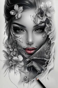 japanese-culture – tattoo design ideas free ai generated – neotraditional-soft-shadows – for-side – Gallery: geisha-inkby-ai