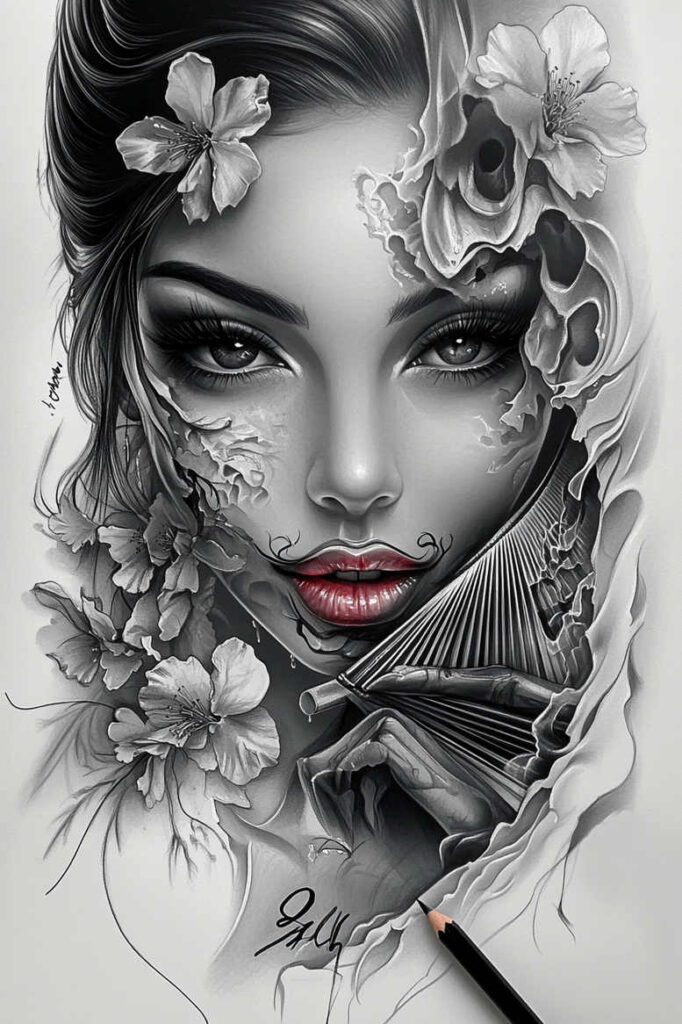 japanese-culture – tattoo design ideas free ai generated – neotraditional-soft-shadows – for-side – Gallery: geisha-inkby-ai
