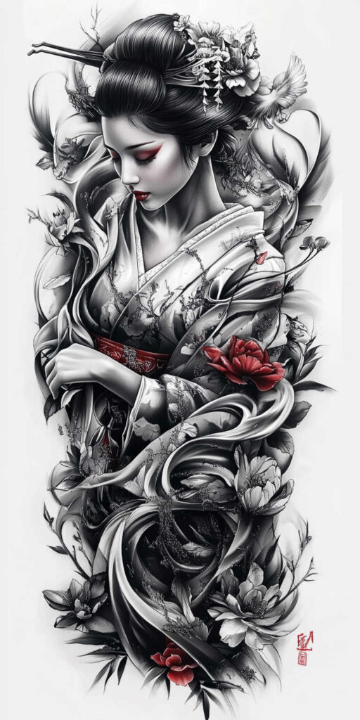 japanese-geisha – tattoo design ideas free ai generated – realism-minimal-grain – for-ankle – Gallery: geisha-inkby-ai