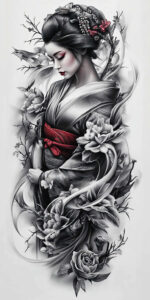 japanese-motif – tattoo design ideas free ai generated – neotraditional-expressive-lines – for-shin – Gallery: geisha-inkby-ai