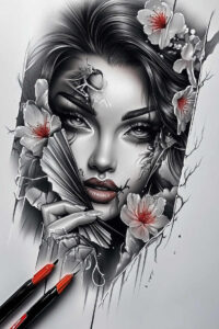 japanese-motif-tattoo – tattoo design ideas free ai generated – realism-realistic-perspective – for-lower-thigh – Gallery: geisha-inkby-ai