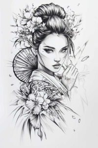 japanese-portrait – tattoo design ideas free ai generated – neotraditional-bold-texture – for-back – Gallery: geisha-inkby-ai