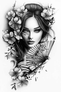 japanese-portrait – tattoo design ideas free ai generated – surrealism-melting-forms – for-upper-shoulder – Gallery: geisha-inkby-ai