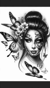 mysterious-geisha – tattoo design ideas free ai generated – surrealism-shifting-shapes – for-ribs – Gallery: geisha-inkby-ai