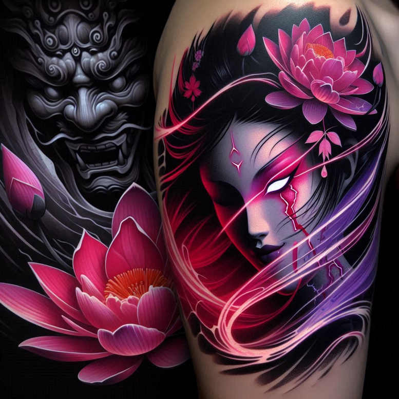 mystical-geisha – tattoo design ideas free ai generated – surrealism-chromatic-aberration – for-triceps – Gallery: geisha-inkby-ai