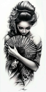 geisha tattoo design ideas Surrealism phantom shadows artistic detail for biceps