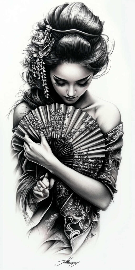 Geisha-inspired woman in black and grey, eyes down, holding a detailed floral fan; hair with flowers and petals, wearing an embroidered kimono; AI-generated tattoo project, cover-up suitable.