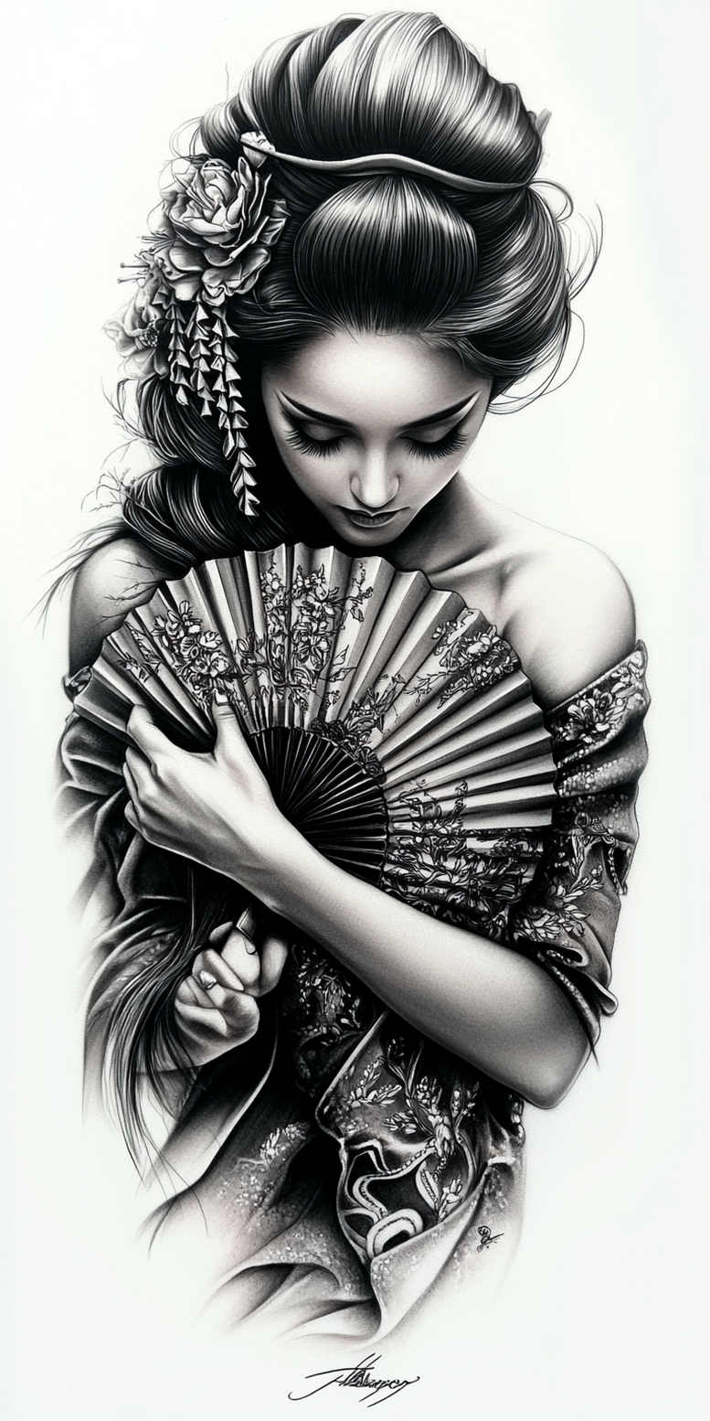 geisha tattoo design ideas Surrealism phantom shadows artistic detail for biceps