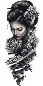 geisha tattoo design ideas Surrealism abstract forms artistic detail resilience and power