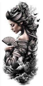geisha tattoo design ideas smooth gradients cultural heritage for thigh