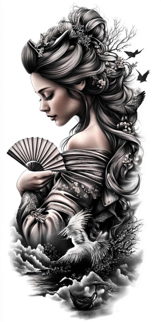 geisha tattoo design ideas smooth gradients cultural heritage for thigh