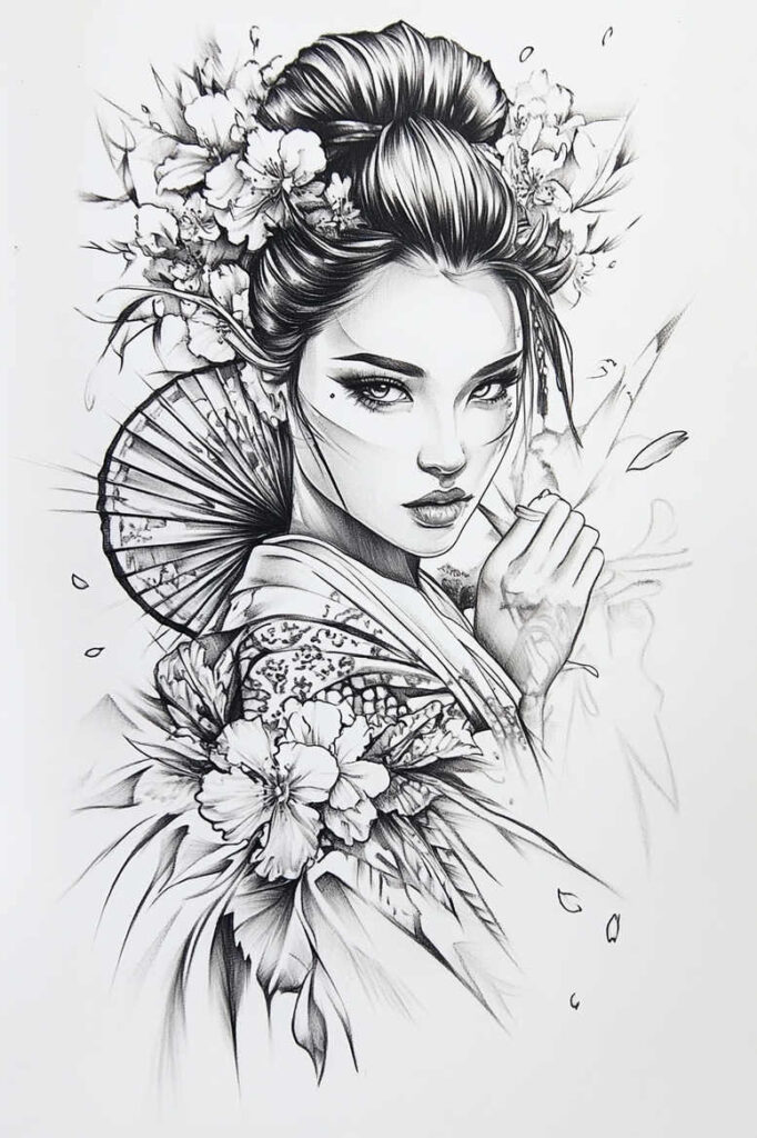 Geisha portrait with flowers, hand fan, hair bun, and kimono in black and grey; tattoo project idea; not ideal for cover-up.