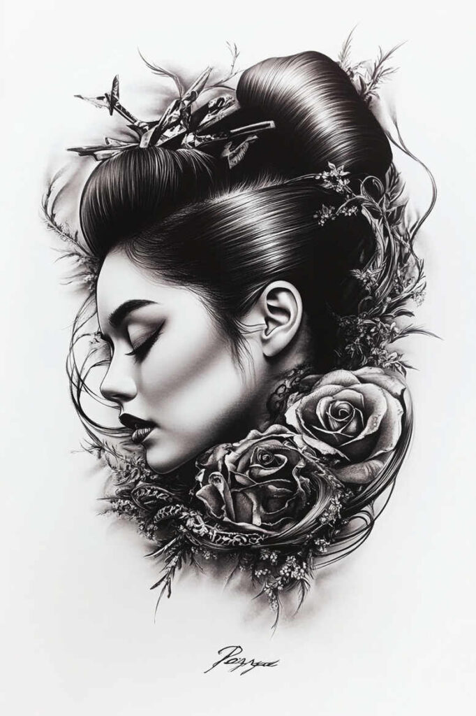 Woman in profile with a high bun; black and grey shading; roses and flowers, hair, and leaves visible; tattoo project idea; cover-up potential.