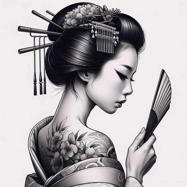 geisha tattoo design ideas Surrealism unreal delicate shading for temple