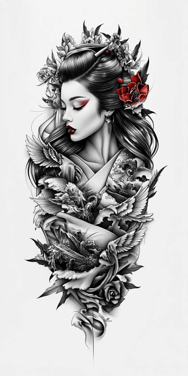geisha tattoo design ideas Surrealism phantom delicate shading stands for endurance