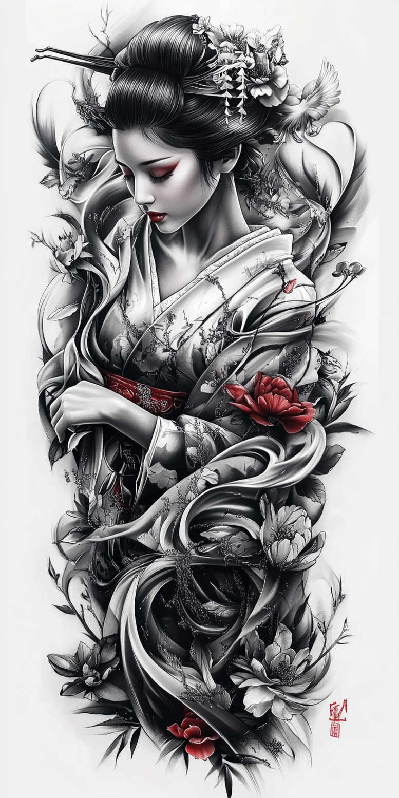 geisha tattoo design ideas monochrome detailed faces endurance and power