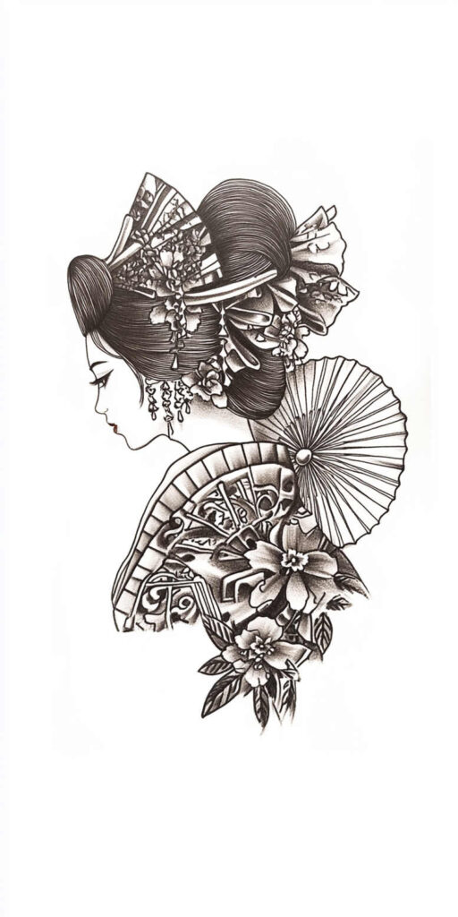 geisha tattoo design ideas Neotraditional vivid color detailed faces symbol of courage