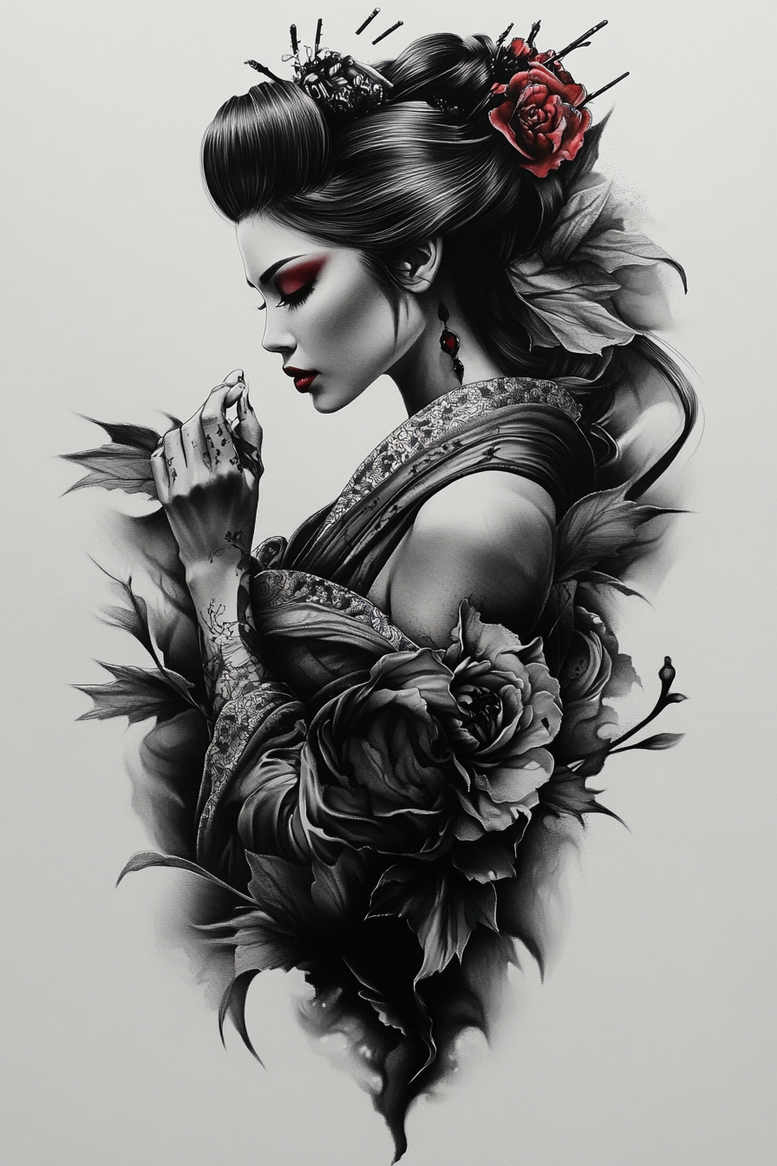 geisha tattoo design ideas ethereal textures detailed kimono for lower arm