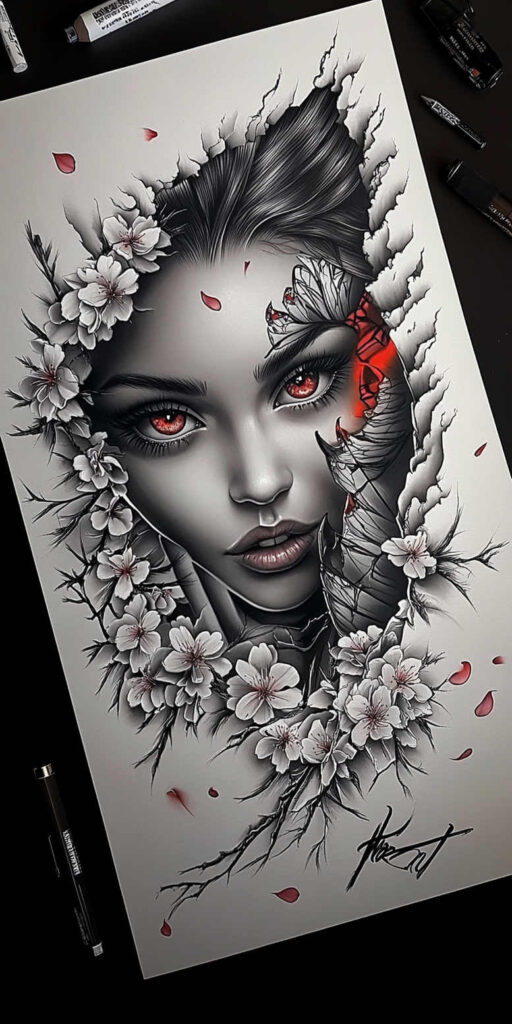 Face of grayscale woman with red eyes and lips, surrounded by cherry blossoms in black and grey; torn-paper edge effect and scattered red petals; tattoo design concept; not ideal for cover-up.