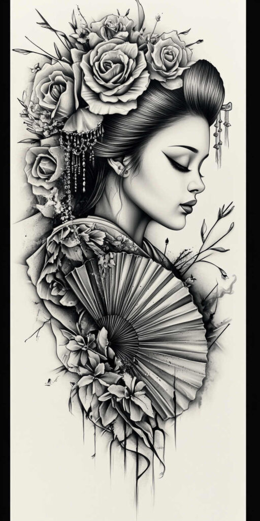 Black-and-grey portrait of a woman in profile with large roses in her hair and a folding fan; tattoo project idea, suitable for a cover-up.