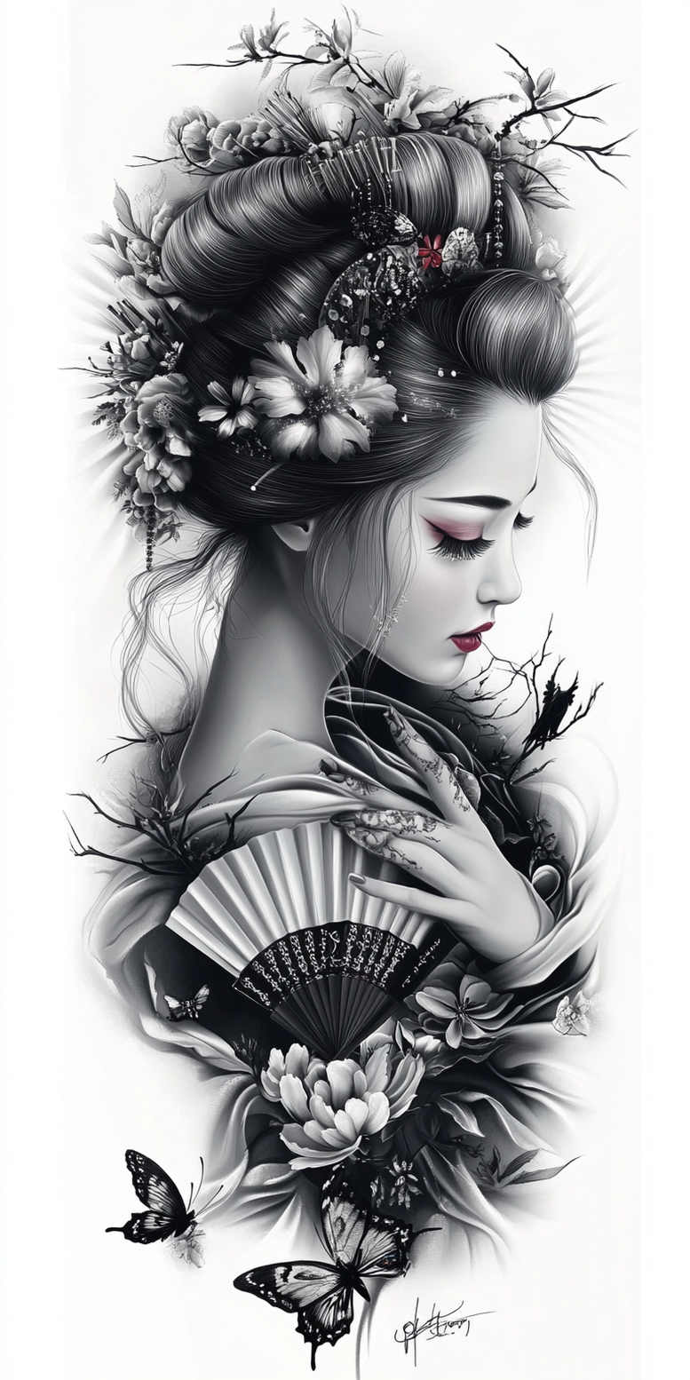 geisha tattoo design ideas real-life shading floral patterns for lower thigh