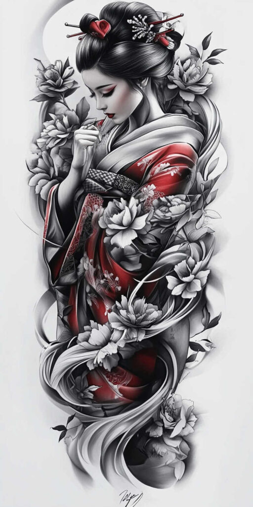 Geisha portrait in black and grey with a red kimono, peony flowers, and hairpin; tattoo project idea; suitable for a cover-up.