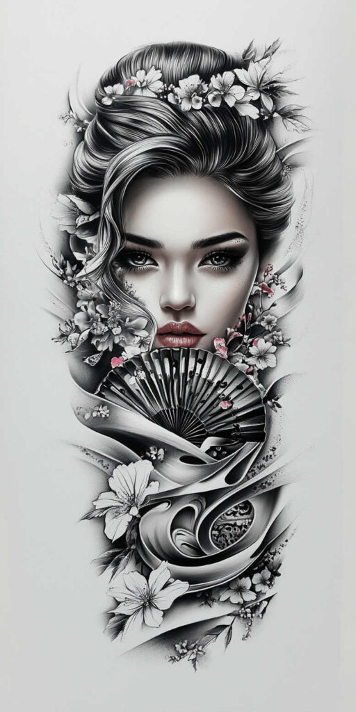 Portrait of a woman in black and grey with flowing hair, flowers, and a decorative fan; AI-generated tattoo project; suitable for cover-up.