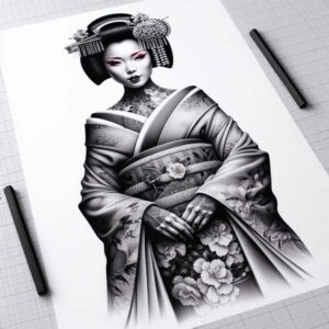geisha tattoo design ideas Realism smooth gradients hair ornaments symbol of resilience