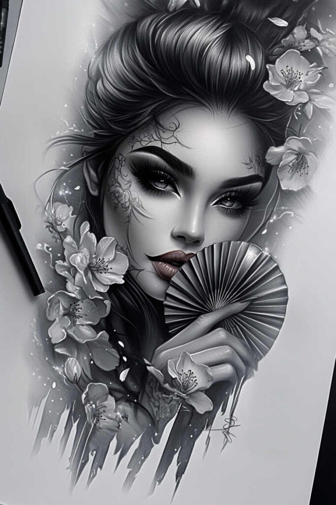 geisha tattoo design ideas Realism realistic perspective kimono for upper arm