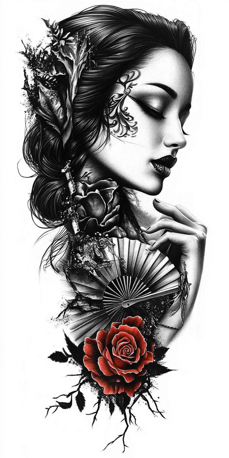 geisha tattoo design ideas Surrealism illusionary ornamental design for collarbone