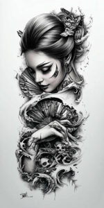 geisha tattoo design ideas Surrealism psychic energy ornamental design for upper arm