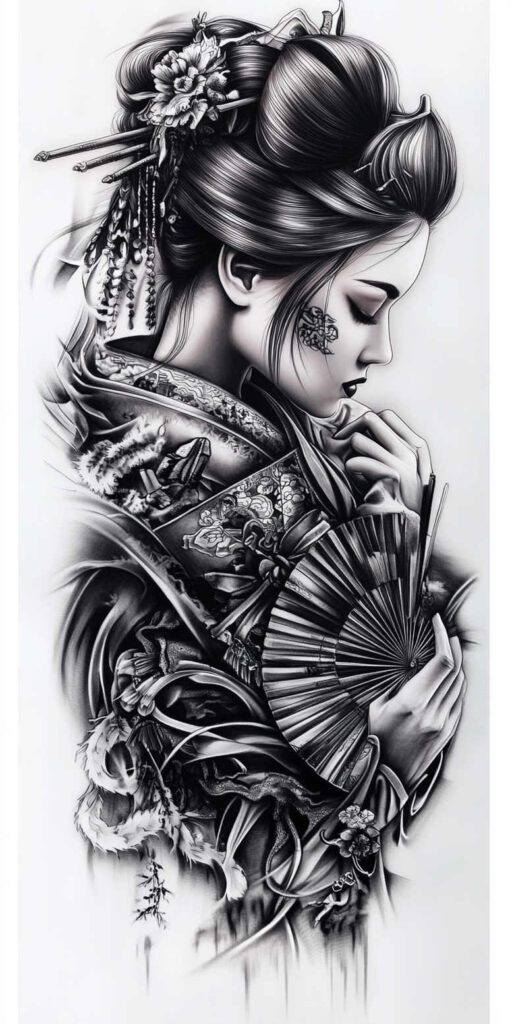 geisha tattoo design ideas Surrealism fragmentation ornamental design strength and power