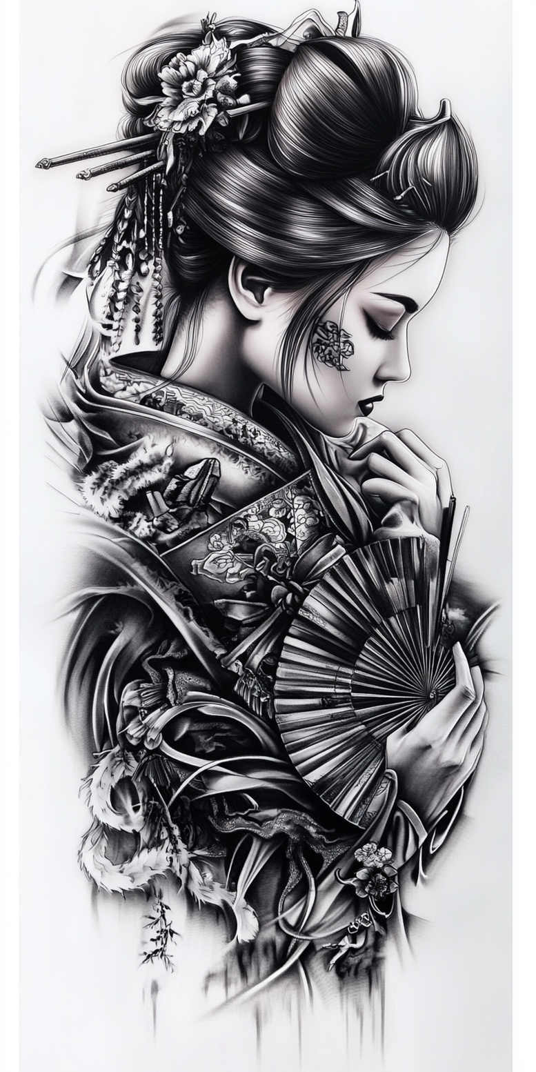 geisha tattoo design ideas Surrealism fragmentation ornamental design strength and power
