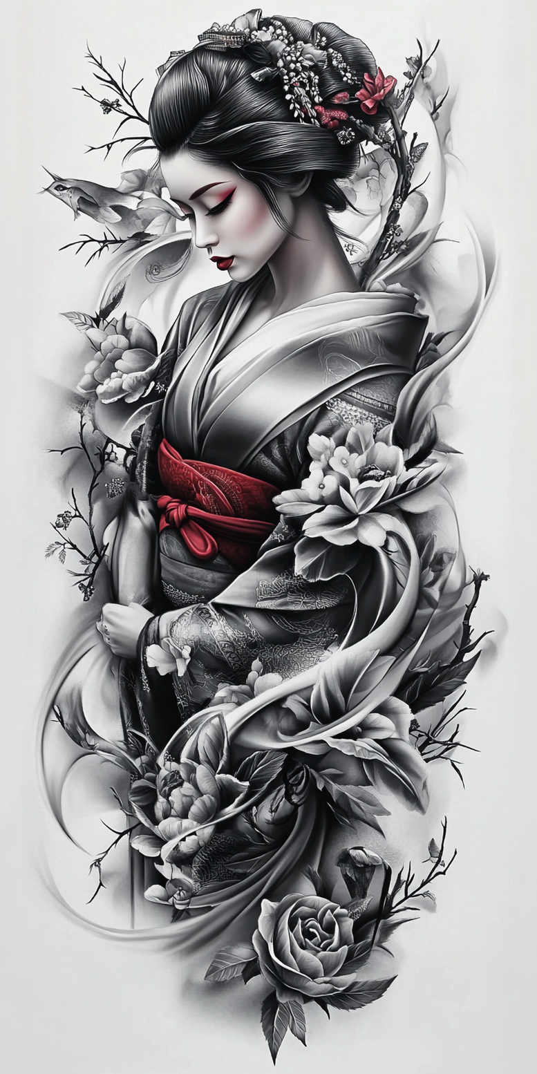 geisha tattoo design ideas Surrealism shadow play ornamental embodying strength