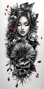 geisha tattoo design ideas Realism realistic color poised for abdomen