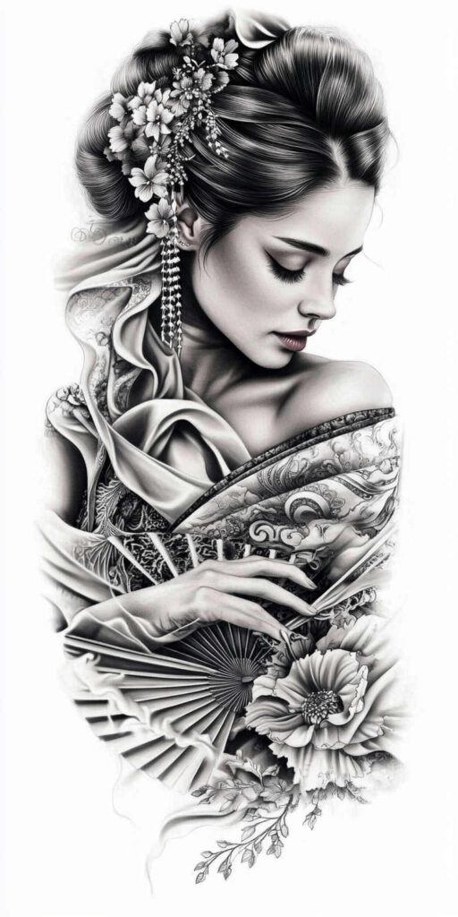 Woman in profile with flower ornament in hair, patterned kimono, and fan; grayscale tattoo project concept.