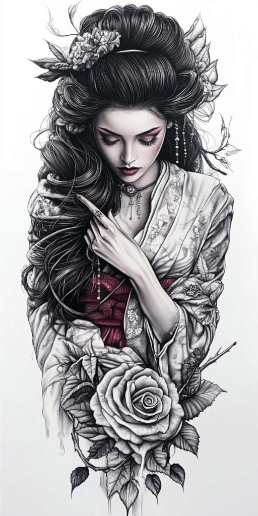 Geisha portrait in black and grey with flowing hair, floral hairpieces, beads, a beaded necklace, intricate kimono, and a large bottom rose; red lips accent; AI-generated tattoo project; cover-up ready.