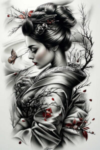 Geisha profile in black and grey ink with kimono, butterfly, branch, hairpin, and red accents; tattoo design idea; cover-up suitable.