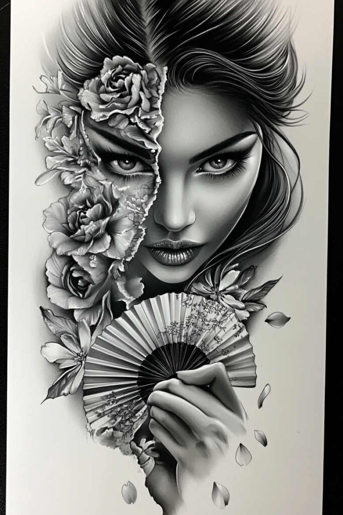 Face with flowers and a hand holding a decorative fan; black and grey; AI-generated tattoo project; suitable for cover-up.
