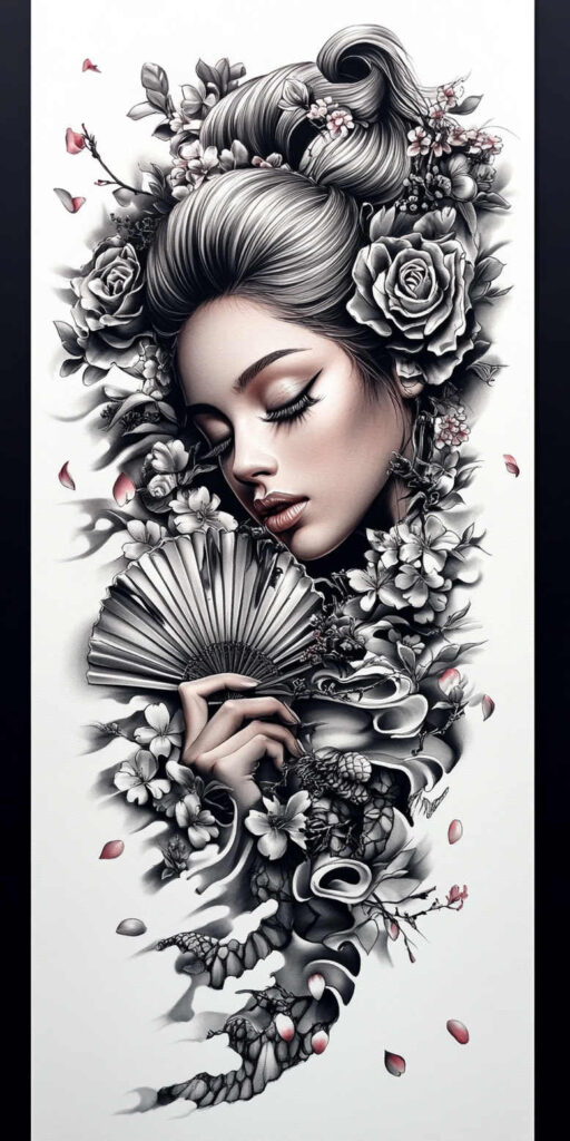 geisha tattoo design ideas Surrealism imaginative soft lines for foot