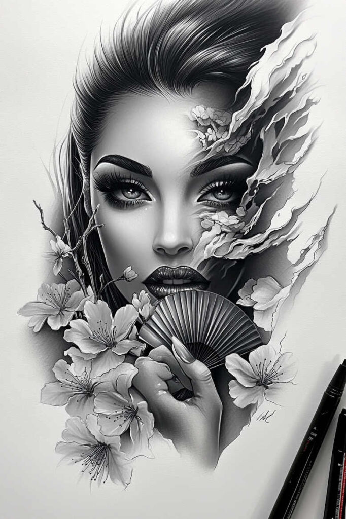 geisha tattoo design ideas Surrealism ethereal soft lines for spine