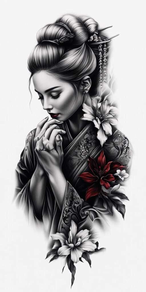 Geisha portrait in black and grey with red lilies, kimono pattern, hairpin and beads; tattoo project; cover-up suitable.